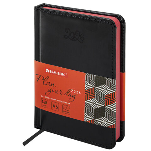 Ежедневник датированный 2026, МАЛЫЙ ФОРМАТ 100х150 мм, А6, BRAUBERG "Rainbow", под кожу, черный, 117257 - фото 1