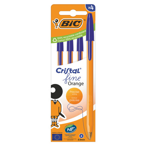 Ручки шариковые BIC "Orange Original", НАБОР 4 шт., СИНИЕ, узел 0,8 мм, линия письма 0,3 мм, пакет, 8308521 - фото 1