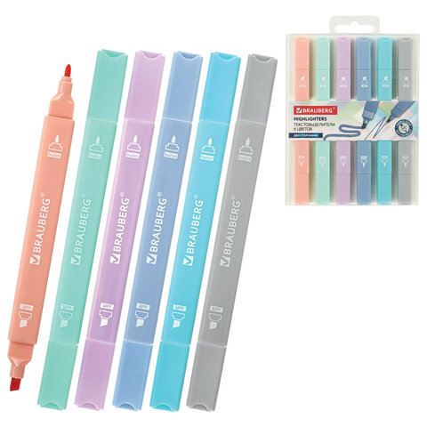 Набор текстовыделителей двусторонних 6 ПАСТЕЛЬНЫХ ЦВЕТОВ, BRAUBERG "Macaroon", линия 1-5 мм, 152513 - фото 1