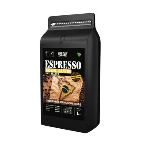 Кофе в зернах WELDAY (ВЭЛДЭЙ) "ESPRESSO БРАЗИЛИЯ САНТОС" 1 кг, арабика 100%, 624401 - фото 1