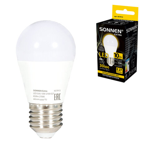 Лампа светодиодная SONNEN EXTRA, 10 (85) Вт, E27, шар, теплый белый, 30000 ч, LED G45-10W-2700-Е27, 457913 - фото 1