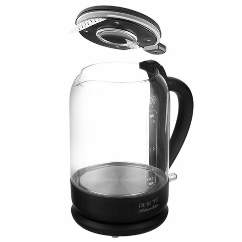 Чайник POLARIS PWK 1753CGL, 1,5 л, 1800-1950 Вт, закрытый нагревательный элемент, стекло, черный, 53258 - фото 2
