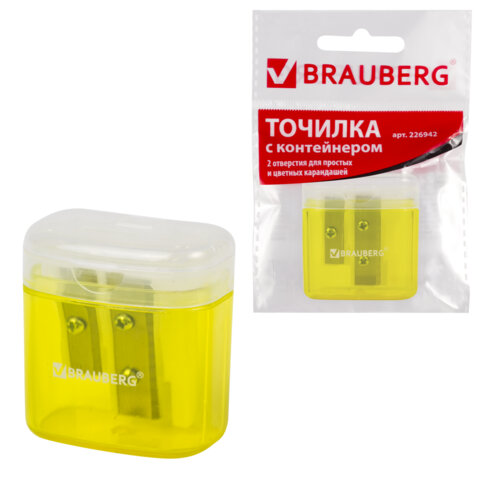 Точилка BRAUBERG "Chief", 2 отверстия для чернографитных и цветных карандашей, с контейнером, с крышкой, ассорти, 226942 - фото 1