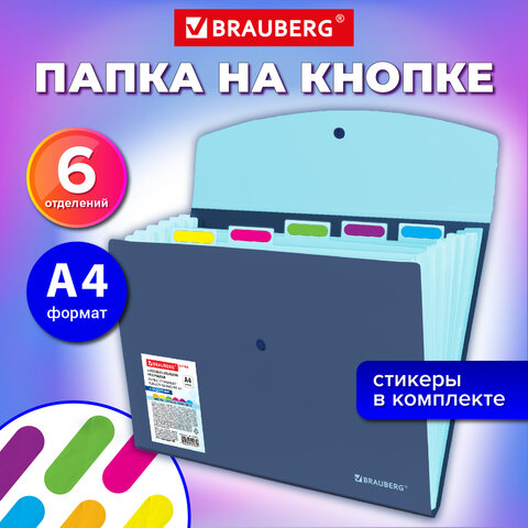 Папка-органайзер конверт на кнопке 6 отделений, BRAUBERG "Extra", A4, синяя с голубым, 274103 - фото 9