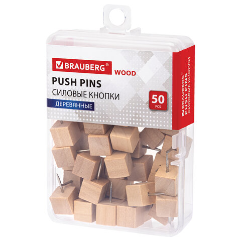 Силовые кнопки-гвоздики BRAUBERG WOOD, деревянные (кубики), 50 штук, 10 мм, 272762 - фото 1