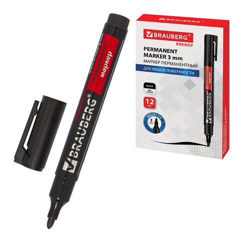 Маркер перманентный BRAUBERG "Energy", ЧЕРНЫЙ, круглый наконечник, 3 мм, с клипом,150475 - фото 1