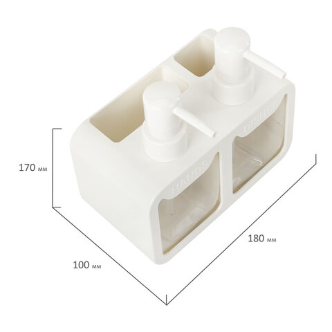 Дозатор DOUBLE для мыла/геля и моющего средства/шампуня, 2х350 мл, органайзер для губок и щеток, БЕЛЫЙ, 10х18х17 см, LAIMA HOME, 700044 - фото 10