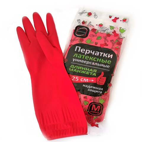 Перчатки МНОГОРАЗОВЫЕ латексные ДЛИННАЯ МАНЖЕТА 25 см КРАСНЫЕ, размер M (средний), вес 80 г, КП, 133332 - фото 1