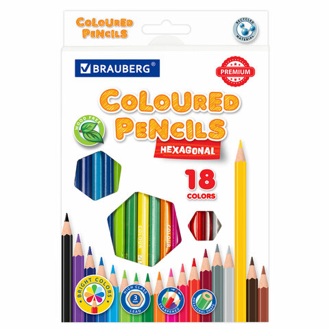 Карандаши цветные BRAUBERG PREMIUM, 18 цветов, шестигранные, грифель 3 мм, 181667 - фото 1