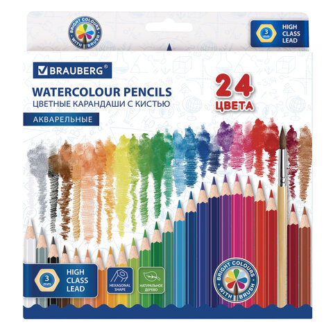 Карандаши цветные акварельные BRAUBERG 24 цвета с КИСТЬЮ, шестигранные, грифель 3 мм, натуральное дерево, 181849 - фото 1