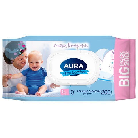 Салфетки влажные 200 шт., для детей, AURA "Ultra Comfort", без спирта, крышка-клапан, 8839 - фото 1