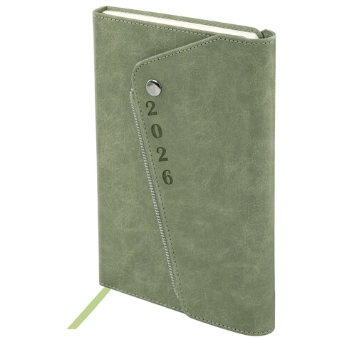 Ежедневник датированный 2026, А5, 145х213 мм, BRAUBERG "Jacket", под кожу, клапан, держатель, зеленый, 117402 - фото 1