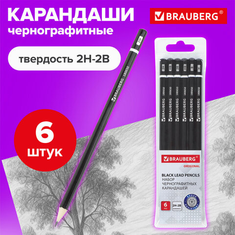 Карандаши чернографитные разной твердости НАБОР 6 штук, 2H-2B, BRAUBERG "Line", 180650 - фото 12