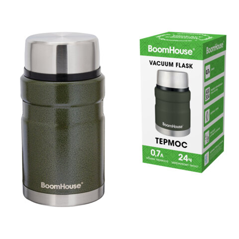 Термос 0,7 л для еды/напитков с широким горлом, BOOMHOUSE (БУМХАУС) RIBBED, нержавеющая сталь SUS304, оливковый, 700321 - фото 1