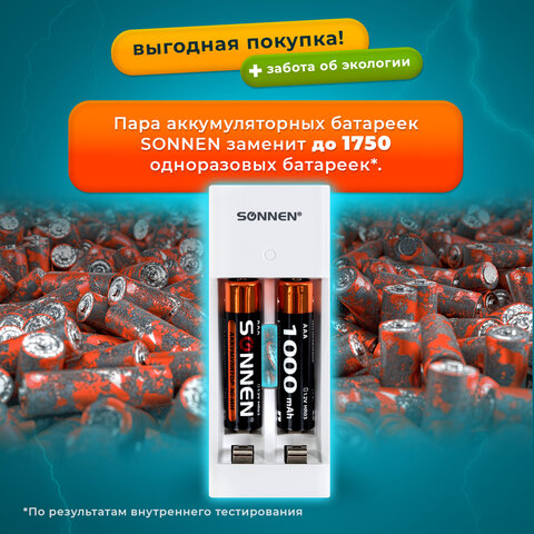 Зарядное устройство с аккумуляторами 2 шт. AAA (HR03), 1000 mAh, SONNEN BC2, в блистере, 455004 - фото 9