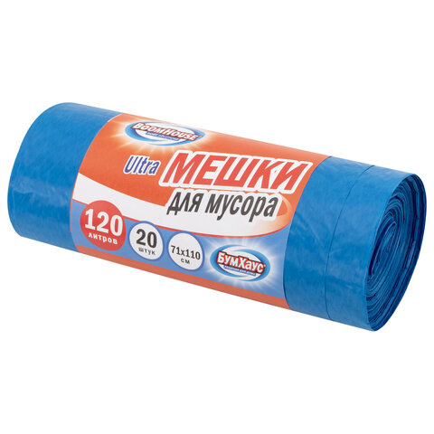 Мешки для мусора 120 л, синие, в рулоне 20 штук, особо прочные, ПВД 50 мкм, 71x110 см, BOOMHOUSE (БУМХАУС) "ULTRA", 702663 - фото 1