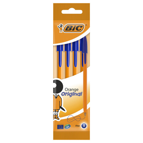 Ручки шариковые BIC "Orange Original", НАБОР 4 шт., СИНИЕ, узел 0,8 мм, линия письма 0,3 мм, пакет, 8308521 - фото 1