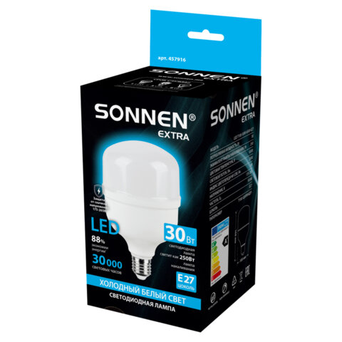 Лампа светодиодная SONNEN EXTRA, 30 (250) Вт, Е27, цилиндр, холодный белый, 30000 ч, LED Т100-30W-6500-Е27, 457916 - фото 3