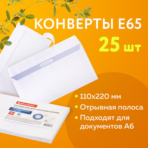 Конверты Е65 (110х220 мм), отрывная лента, 80 г/м2, КОМПЛЕКТ 25 шт., внутренняя запечатка, BRAUBERG, 122449 - фото 10