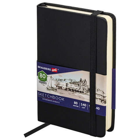 Скетчбук, слоновая кость 140 г/м2 90х140 мм, 80 л., КОЖЗАМ, резинка, BRAUBERG ART CLASSIC, черный, 113188 - фото 1