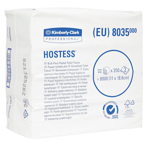 Бумага туалетная листовая KIMBERLY-CLARK Hostess КОМПЛЕКТ 32 шт., 250 листов, 18,6х11 см, 2-слойная, 8035 - фото 2