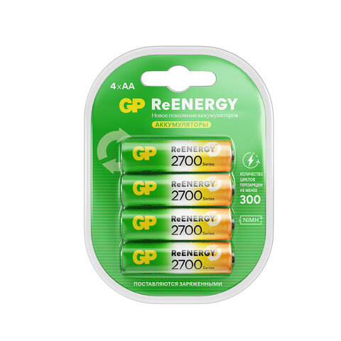 Батарейки аккумуляторные GP ReEnergy Ni-Mh пальчиковые КОМПЛЕКТ 4 шт., АА (HR6), 2600mAh, 270AAHCRGY, 270AAHCRGY-2CRC - фото 1