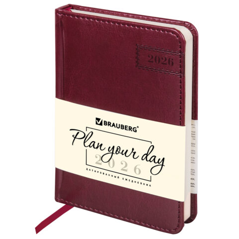 Ежедневник датированный 2026, МАЛЫЙ ФОРМАТ 100х150 мм, А6, BRAUBERG "Imperial", под кожу, бордо, 117254 - фото 1