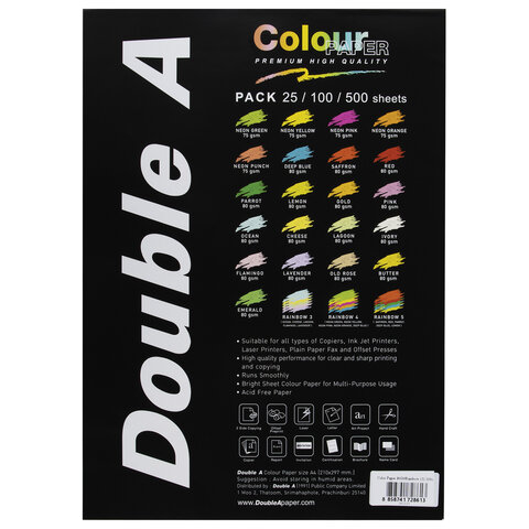 Бумага цветная DOUBLE A, А4, 80 г/м2, 100 л. (5 цветов x 20 листов), микс пастель - фото 3