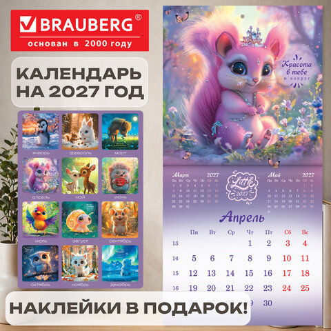 Календарь настенный перекидной 2027 г., BRAUBERG, 12 листов, 21,4х42,8 см, МИНИ, "Magic animals", 118431 - фото 18