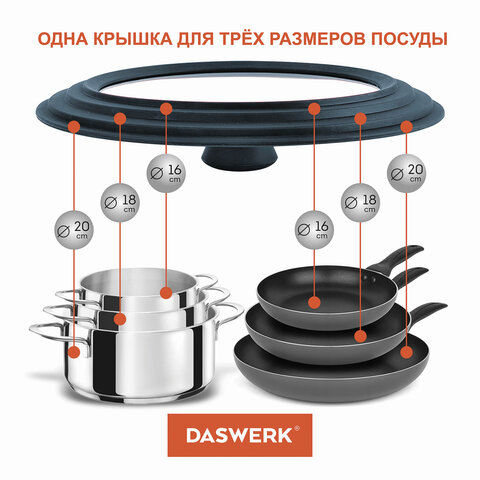 Крышка для любой сковороды и кастрюли универсальная 3 размера (16-18-20 см) антрацит, DASWERK (ДАСВЕРК), 607583 - фото 12