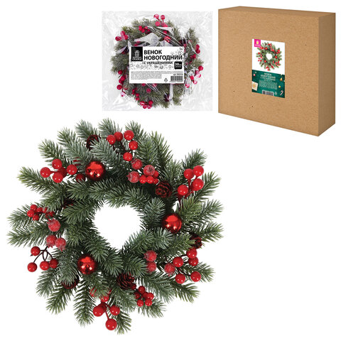 Венок новогодний заснеженный, диаметр 30 см "Зимняя сказка", с декором, литой ПЭТ, ЗОЛОТАЯ СКАЗКА, 592518 - фото 1