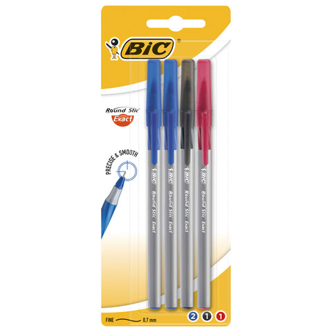Ручки шариковые с грипом BIC "Round Stic Exact", НАБОР 4 шт./3 ЦВЕТА (синий, черный, красный), линия письма 0,28 мм, блистер, 932858 - фото 1