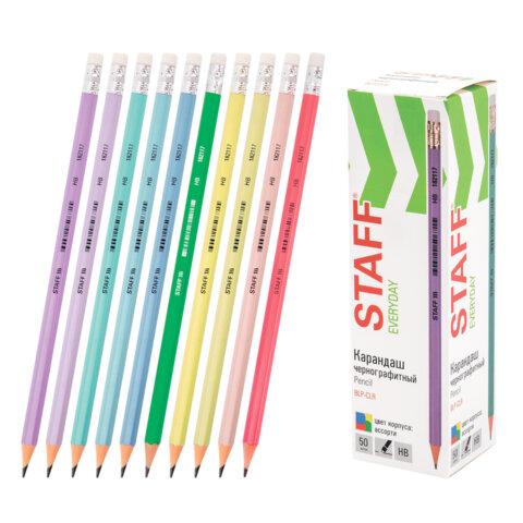 Карандаш чернографитный с ластиком STAFF EVERYDAY BLP-CLR, 1 шт., НВ, цвет корпуса ассорти, 182117 - фото 1