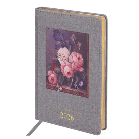 Ежедневник датированный 2026 А5 138х213 мм, BRAUBERG "ArtGallery", под кожу, нашивка, серый, 117406 - фото 1