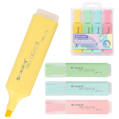 Набор текстовыделителей 4 ЦВЕТА, BRAUBERG "ORIGINAL PASTEL", линия письма 1-5 мм, 151697 - фото 1
