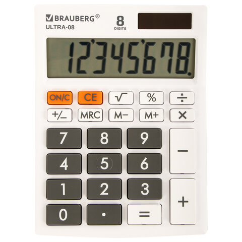Калькулятор настольный BRAUBERG ULTRA-08-WT, КОМПАКТНЫЙ (154x115 мм), 8 разрядов, двойное питание, БЕЛЫЙ, 250512 - фото 1
