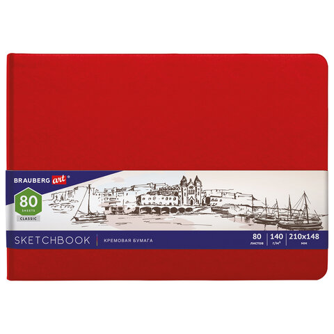 Скетчбук, слоновая кость 140 г/м2 210х148 мм, 80 л., КОЖЗАМ, резинка, BRAUBERG ART CLASSIC, красный, 113197 - фото 1