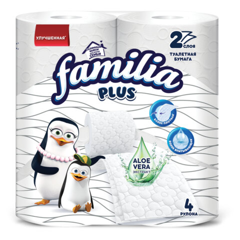 Бумага туалетная бытовая, спайка 4 шт., 2-слойная (4х20,4 м), FAMILIA PLUS, белая, 5080758 - фото 1