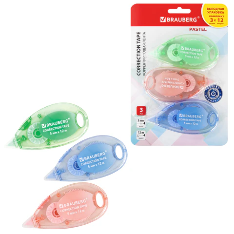 Корректирующая лента BRAUBERG PASTEL, 5 мм x 12 м, механизм перемотки, ВЫГОДНАЯ УПАКОВКА 3 штуки в блистере, 271252 - фото 1
