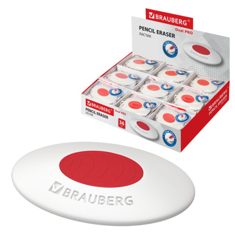 Ластик BRAUBERG "Oval PRO", 40х26х8 мм, овальный, красный пластиковый держатель, 229560 - фото 1