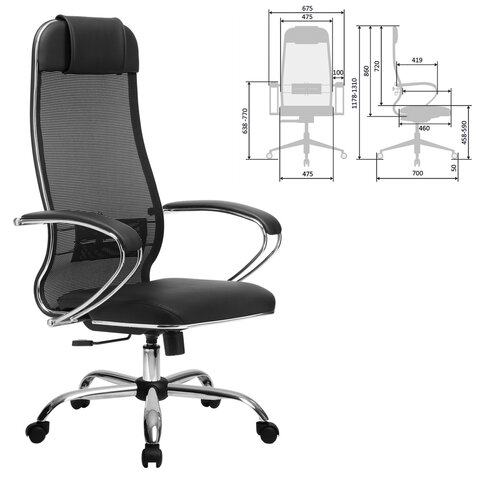 Кресло офисное МЕТТА "К-16" хром, ткань-сетка/экокожа, сиденье мягкое, черное - фото 3