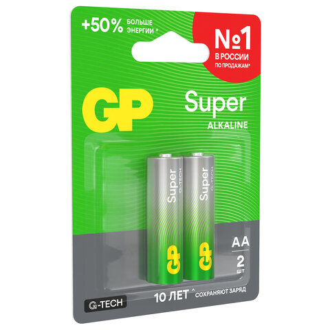 Батарейки КОМПЛЕКТ 2 шт., GP Super G-Tech, AA (LR6, 15А), алкалиновые, пальчиковые, блистер, 15A-2CR2 - фото 5