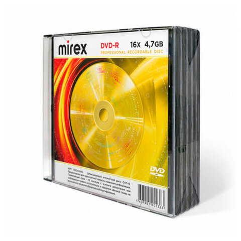 Диск DVD-R MIREX, 4,7 ГБ, 16x, Slim Case, КОМПЛЕКТ 5 шт., UL130003A1F - фото 1