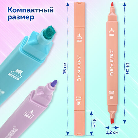 Набор текстовыделителей двусторонних 6 ПАСТЕЛЬНЫХ ЦВЕТОВ, BRAUBERG "Macaroon", линия 1-5 мм, 152513 - фото 14