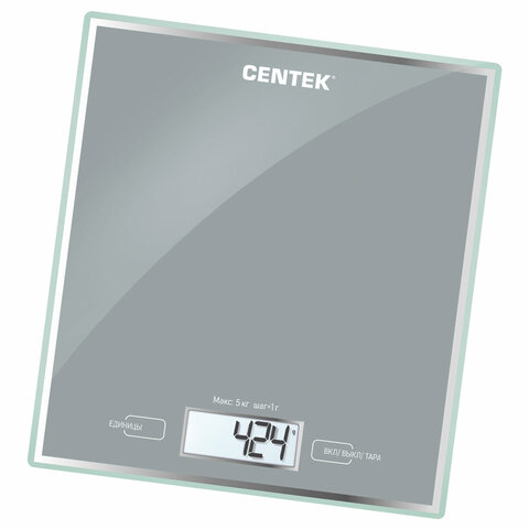 Весы кухонные CENTEK CT-2462 SILVER, электронный дисплей, max вес 5 кг, тарокомпенсация, стекло, CT-2462 Silver - фото 1
