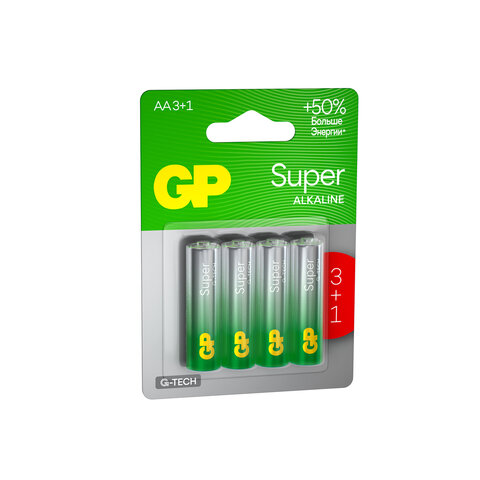 Батарейки КОМПЛЕКТ 4 шт., GP Super G-Tech, AA (LR6,15А), алкалиновые, пальчиковые, ПРОМО 3+1, 15A3/1-2CR4 - фото 2
