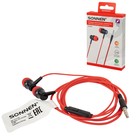 Наушники проводные внутриканальные с микрофоном SONNEN EP-H47RB, 1,1 м, красные/черные, 514129 - фото 3