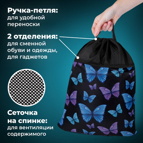 Мешок для обуви BRAUBERG БОЛЬШОЙ, с ручкой, карман на молнии, сетка, 49х41 см, "Fly aways", 272402 - фото 9