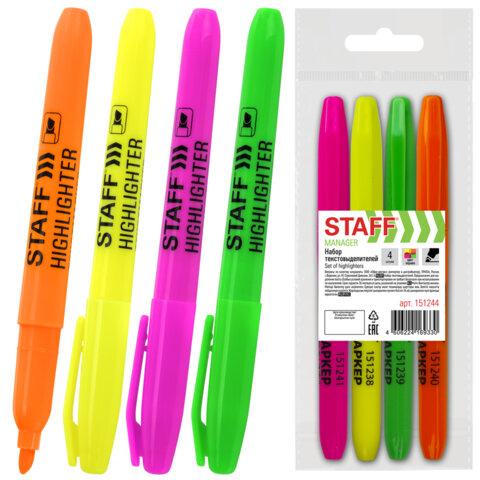 Набор текстовыделителей STAFF "Manager" HL-238, 4 шт., АССОРТИ, линия 1-3 мм, 151244 - фото 1