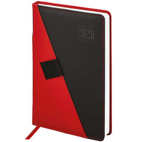 Ежедневник датированный 2026, А5, 138х213 мм, BRAUBERG "Swirl", под кожу, держатель для ручки, красный, 117481 - фото 1